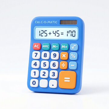 Calculatrice bleue affichant une addition simple en illustration 3D