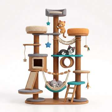 Arbre &agrave; chat avec plateformes, hamacs et jouets en illustration 3D