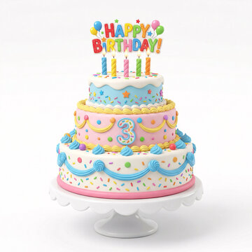 G&acirc;teau d&rsquo;anniversaire &agrave; trois &eacute;tages pour les 3 ans en illustration 3D