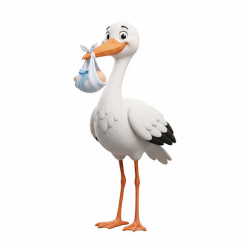 Cigogne transportant un b&eacute;b&eacute; dans un baluchon en illustration 3D
