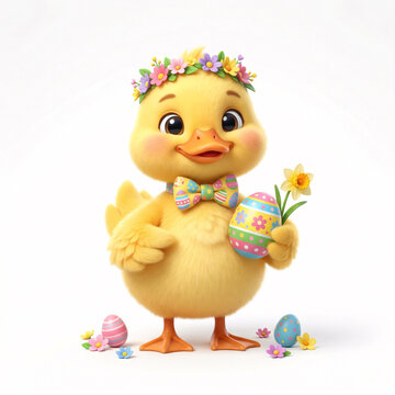 Poussin de P&acirc;ques souriant tenant un &oelig;uf d&eacute;cor&eacute; en illustration 3D
