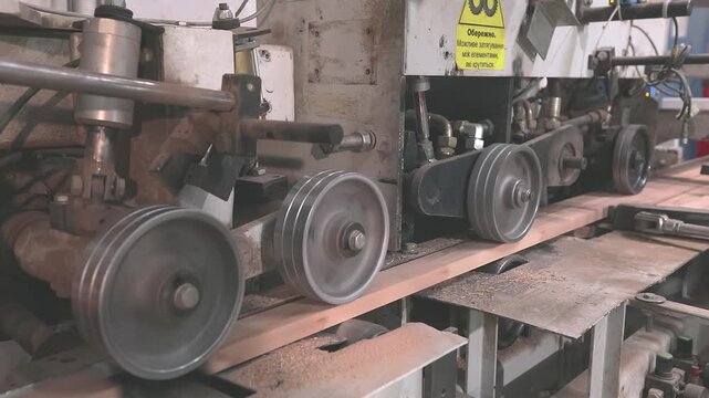 Four-sided woodworking moulder machining a wooden board in an automated production line. Close-up of modern woodworking technology in a furniture factory.