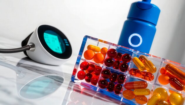 Health monitoring tools and medications are displayed on a marble surface in a bright setting