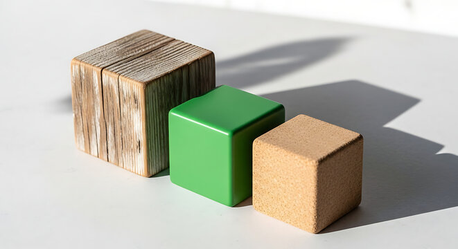 Three colorful wooden blocks stacked in light
