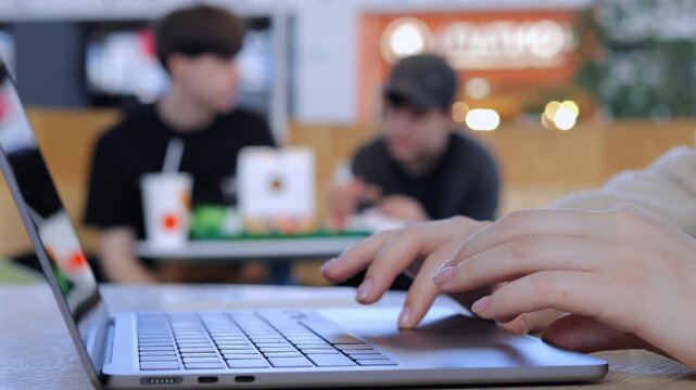 Close-up of hands typing on laptop keyboard. Background shows blurred people in casual setting. Focused on work or study activity. Ideal for scenes of productivity or online learning