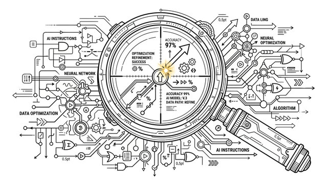 A detailed technical illustration of a magnifying glass scanning complex electronic circuit board diagrams.