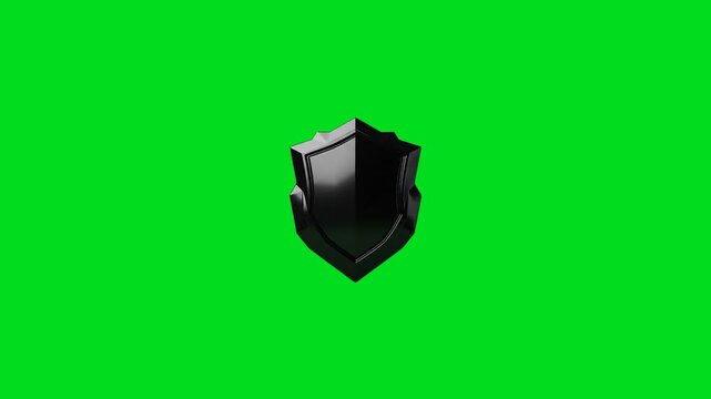 A sleek black 3d shield icon isolated on a vibrant chroma key green background