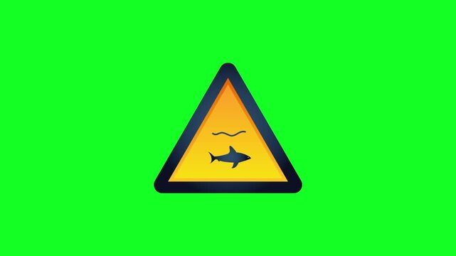 Animated Shark Danger Sign Icon On Green Screen For Beach Water Hazard Warning
