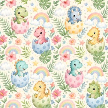 Cute baby dinosaurs hatching from colorful eggshells with rainbow tropical leaves seamless pattern for kids nursery apparel wallpaper fabric textile printing background watercolor vector illustration