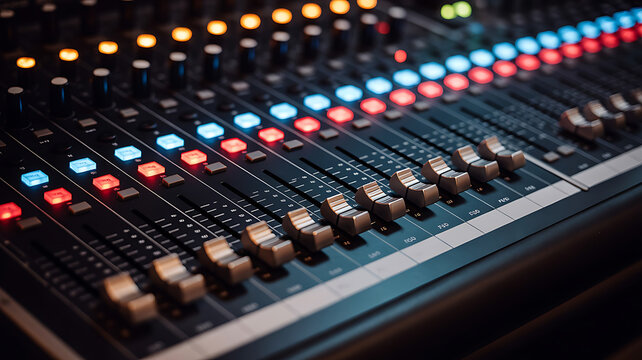 Audio mixing console with illuminated buttons and faders close up sound board 