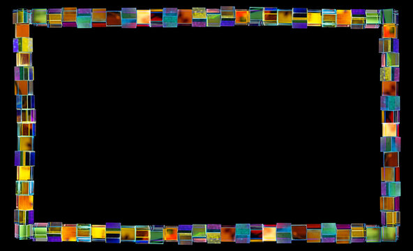 a frame made by a crystal cube prism featuring light refraction and a holographic effect
