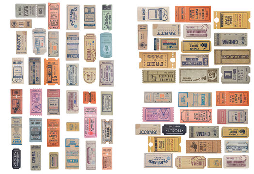 a collection of old vintage ticket isolated on white background