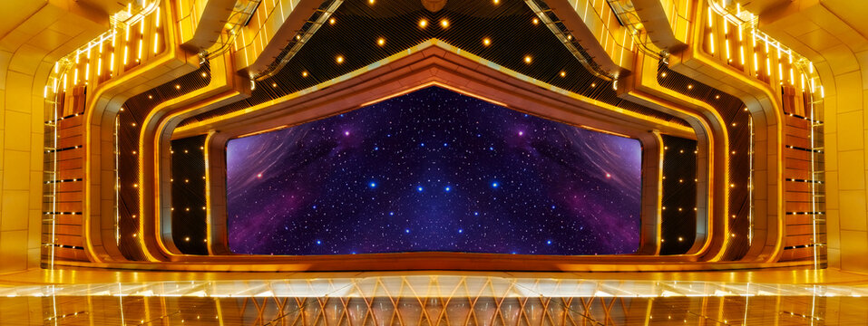 a futuristic sci-fi spaceship bridge, highlighting a massive panoramic window looking out into deep space