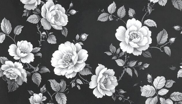 Black and White Watercolor Floral Seamless Pattern on Dark Background