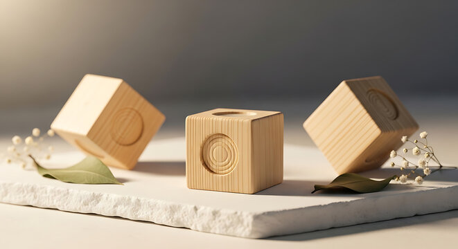 Minimalist wooden cubes on sand with light