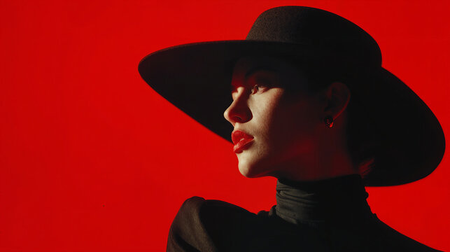 Elegant woman in wide-brimmed hat with bold red lipstick against vibrant red background