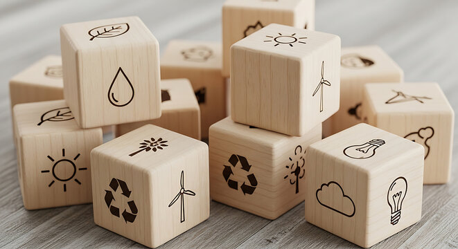 Wooden dice with different symbols stacked