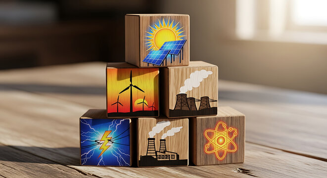 Colorful wooden blocks stacked with autumn leaves