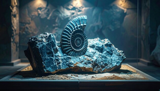 Prehistoric ammonite fossil displayed on a rocky matrix inside a museum showcase under dramatic accent lighting