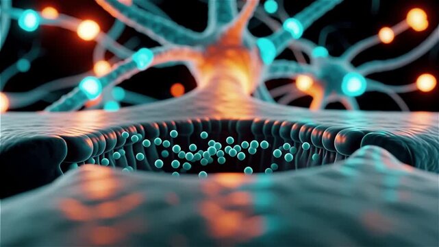 A complex blue neural network structure with glowing nodes and branching connections.