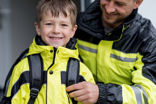Smiling Caucasian boy wearing a neon reflective jacket as his father adjusts the straps, ideal for school safety, visibility and outdoor gear promotions.