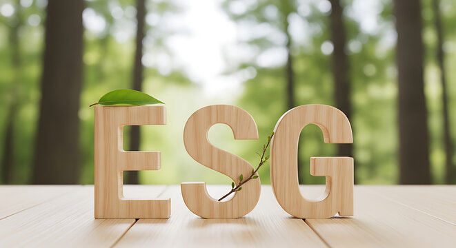 Wooden esg letters on a forest background