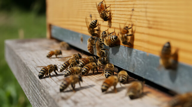 Honey Bees Busy at the Entrance of a Wooden Beehive in Sunlight beekeeping 