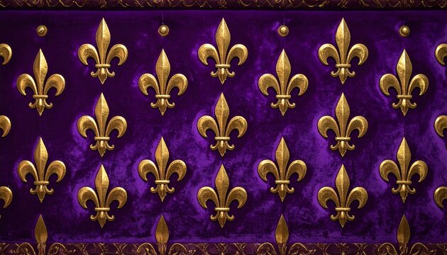 Golden Fleur de Lis Pattern on Royal Purple Tufted Velvet Background