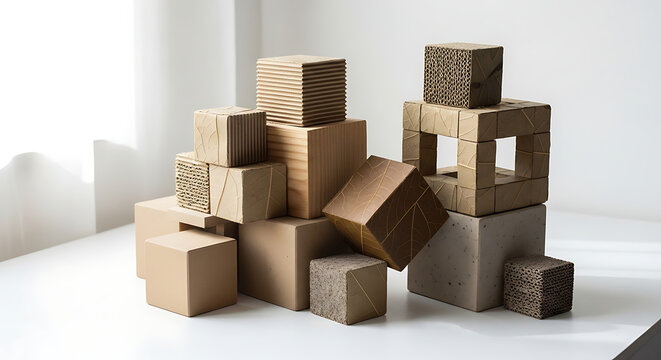 Stacked colorful cardboard boxes on wooden floor