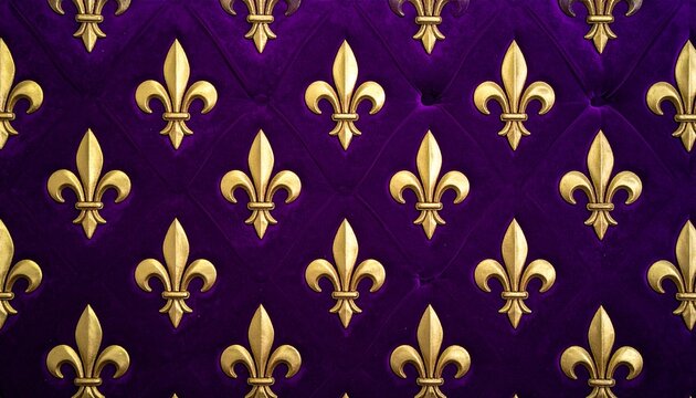 Golden Fleur de Lis Pattern on Royal Purple Tufted Velvet Background