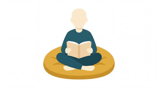 Faceless person sitting on yellow meditation floor cushion reading book, mindfulness peaceful learning flat vector illustration isolated on clean white background
