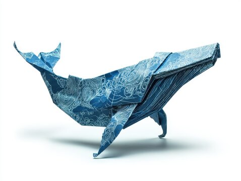 Blue Origami Humpback Whale Sculpture With White Speckled Pattern On Isolated White Background