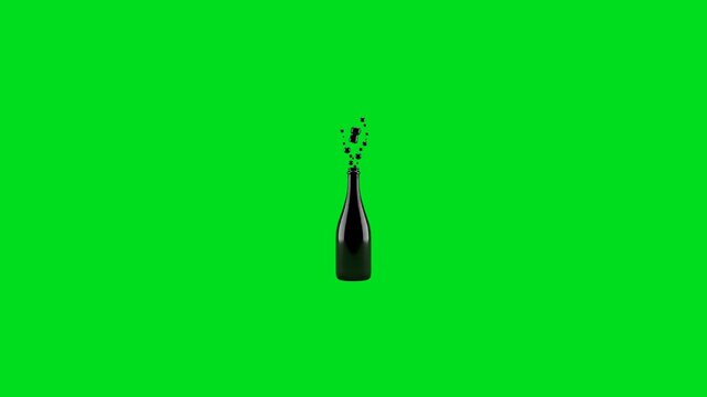 Black silhouette of a champagne bottle popping on a bright green background