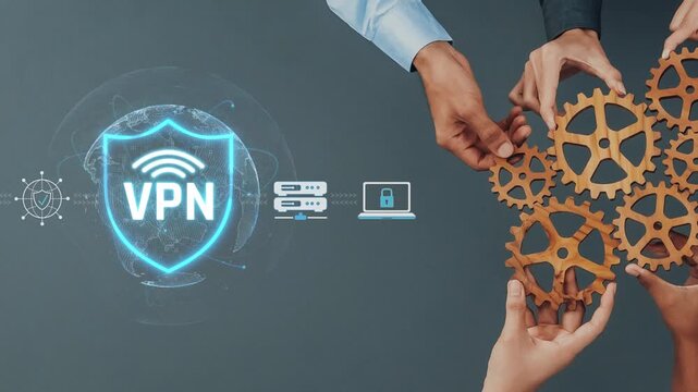 Innovative Visual Representation of Virtual Private Network Concept with Hands, Gears, and Digital Elements Signifying Secure Online Connectivity and Data Protection Sigmoid