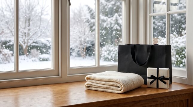 Cozy Winter Scene With Gift On Window Sill