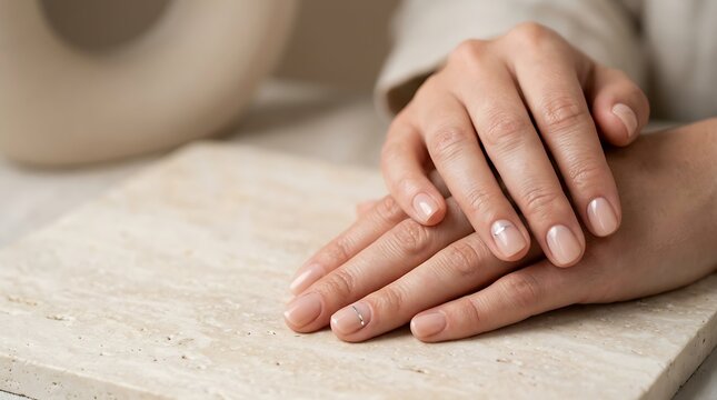 Elegant well groomed female hands with soft nude manicure resting gracefully on a textured beige stone surface in bright light