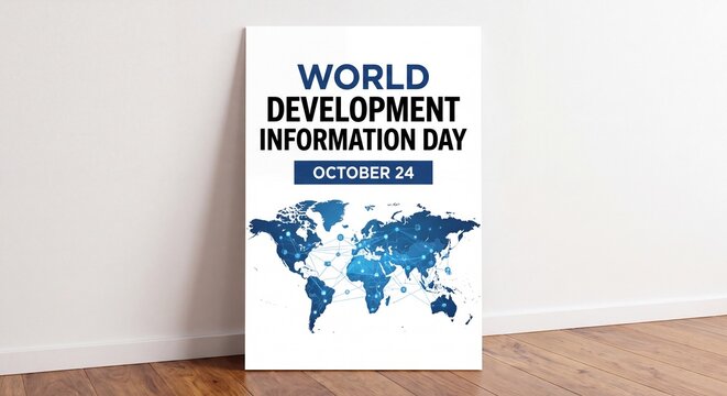 World development information day poster design featuring a blue textured world map with intricate network connection lines and nodes displayed on a white board standing against a plain interior