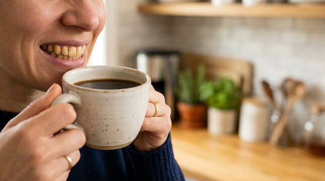Smiling woman holding a rustic ceramic mug of steaming hot black coffee inside a cozy kitchen setting during early morning