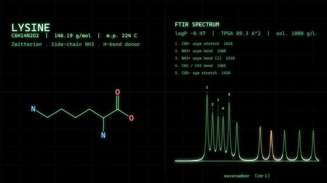 Lysine Lys Essential Amino Acid Chemical Structure And Spectrum On Green Retro CRT Lab Screen Animation