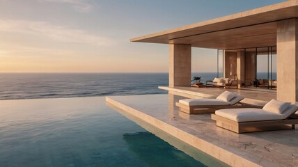 Fototapeta premium Luxury modern villa with infinity pool overlooking ocean at sunset
