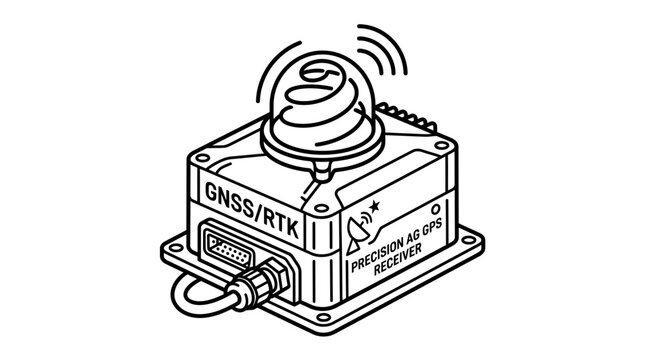 Technical line drawing of a GNSS RTK precision GPS receiver module.