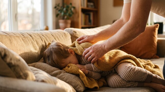 Parent tucking child into blanket on sofa at home