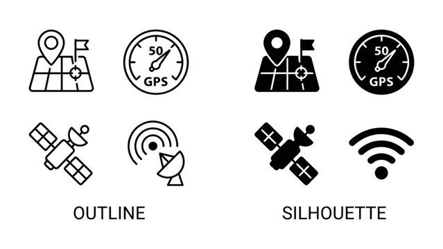 GPS and Satellite Navigation Icons: A set of outline and silhouette icons depicting GPS location, speed dial, satellite communication, and wireless signal.