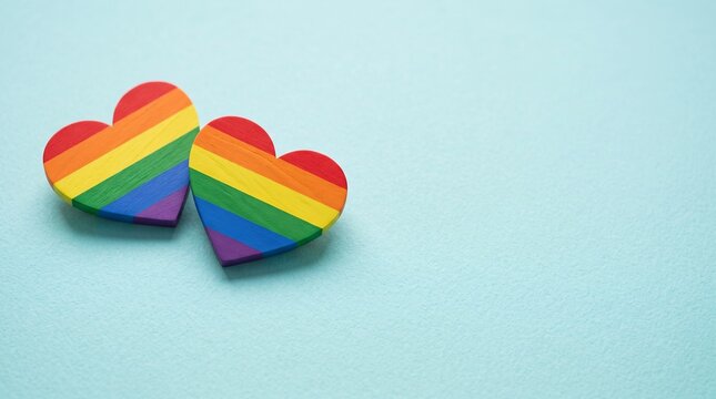 Rainbow pride hearts on blue background, LGBTQ love symbols for pride month, colorful heart shapes with copy space
