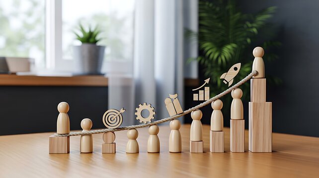 Wooden figures showing business growth and teamwork with rising arrow concept