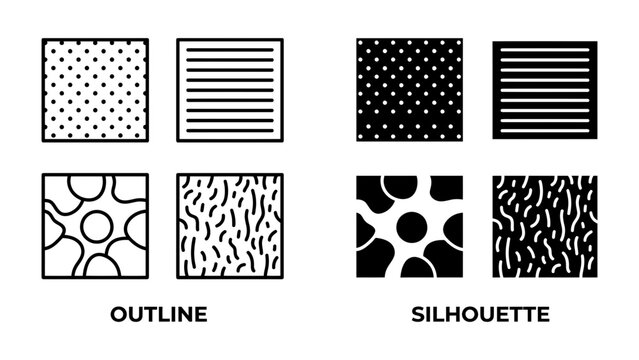 Pattern Samples: A collection of four squares, each displaying a different texture and pattern, divided into 'Outline' and 'Silhouette' categories for comparison and design reference.