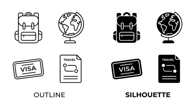 Travel Icons Set: A collection of essential travel icons, featuring a backpack, globe, visa card, and travel document, presented in both outline and silhouette styles for versatile design use.