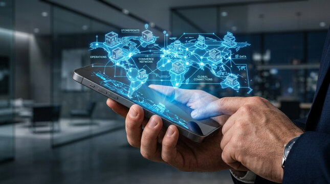 Global Network Technology Map Hologram on Smartphone in Hand