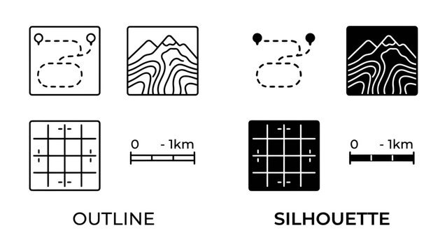 Map Icons: A collection of map icons including a dotted route, topographic map, grid overlay, and scale bar, presented in both outline and silhouette styles for diverse design applications.