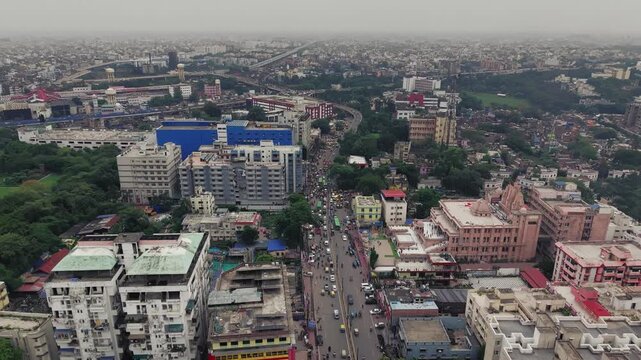 Aerial view of Patna, Bihar, India, showcasing the dense urban landscape, residential buildings, modern infrastructure, and busy roads of the city.